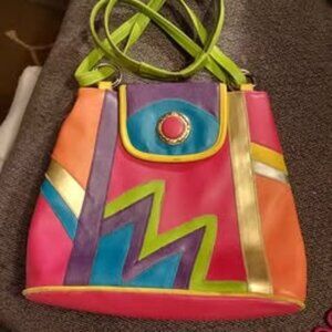 VTG ALBA HANDBAG rainbow colorblock leather 2 zipper pocket magnetic front